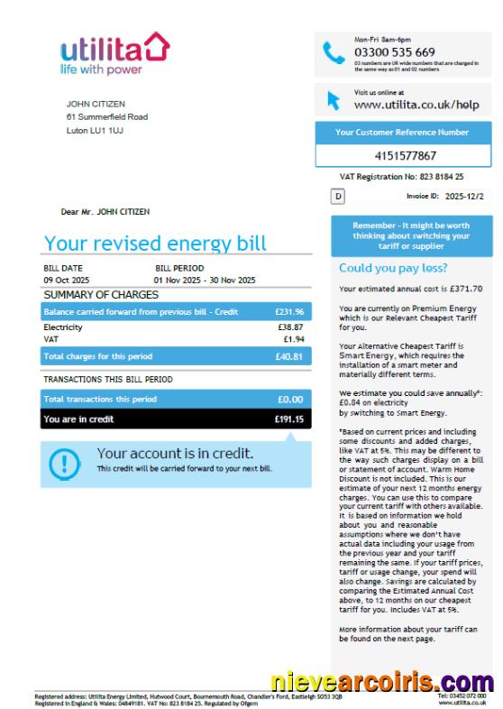 United Kingdom Utilita Energy utility bill